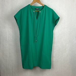 Lands' End Shift Dress Sz 8P Green Tie Slit Neck Short Sleeve Side Pockets